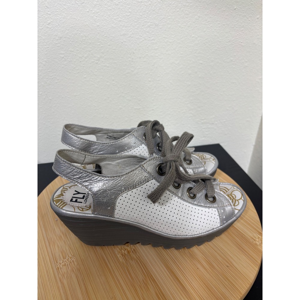 Fly London Yuta Wedge Sandals 39 Silver White Leather Lace Up Platform Slingback - Picture 4 of 11